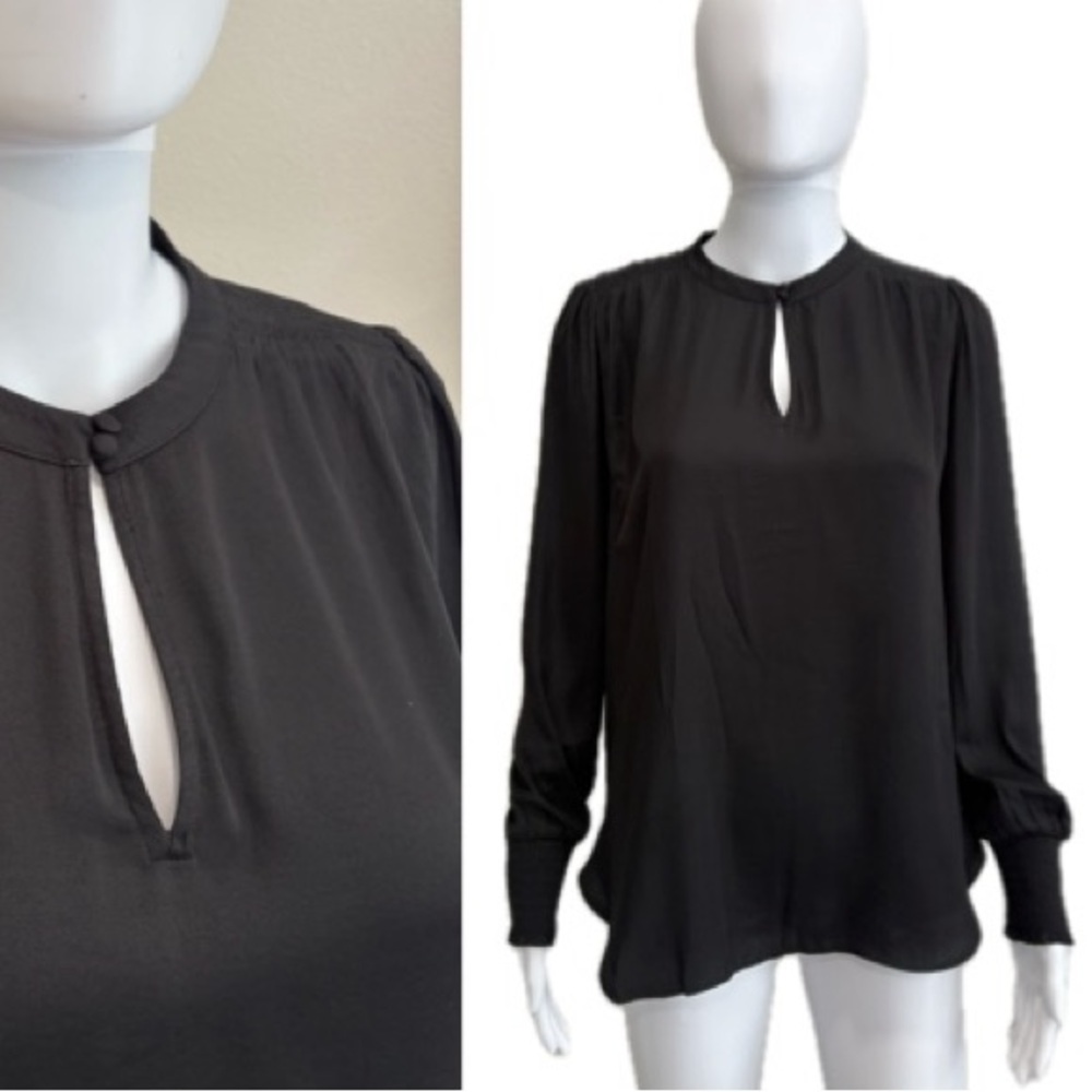 LOFT Black Satin Blouse Womens Size Small Smocked Long Puff Sleeve Fairy Goth